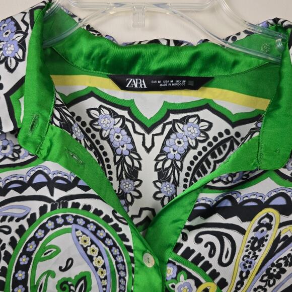 Zara Green Paisley Floral Satin Scarf Button Down Blouse Boho St Patty Day M - Picture 11 of 14